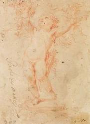 Cupido levantando ramos de flores con ambos brazos